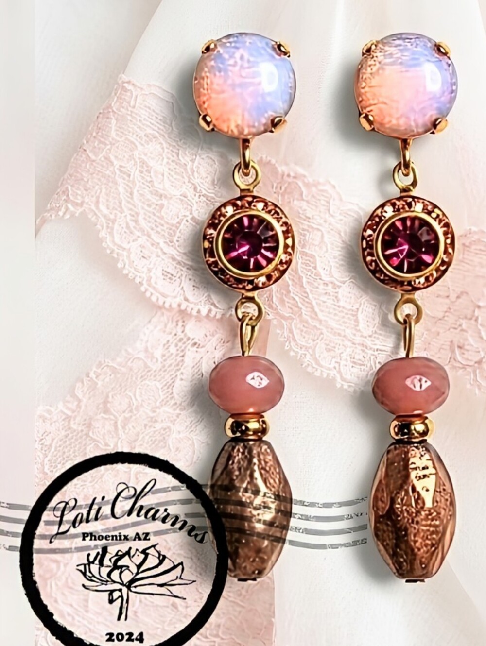 Pink Mystic Fire Opal & Swarovski Flower In Rose Gold Etched Glass Bead Earrings